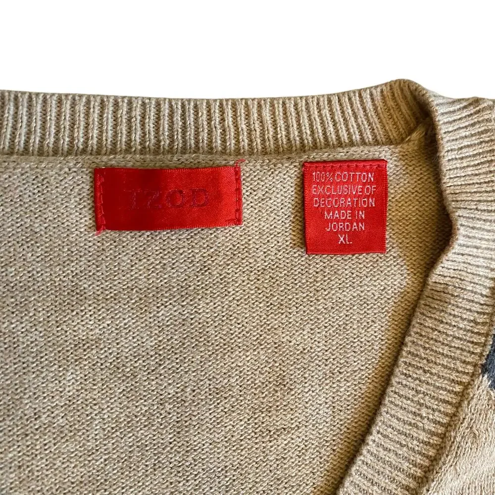 Vintage 90s Y2K Izod Diamond V-Neck Beige Sweater Size XL 100% Cotton Preppy